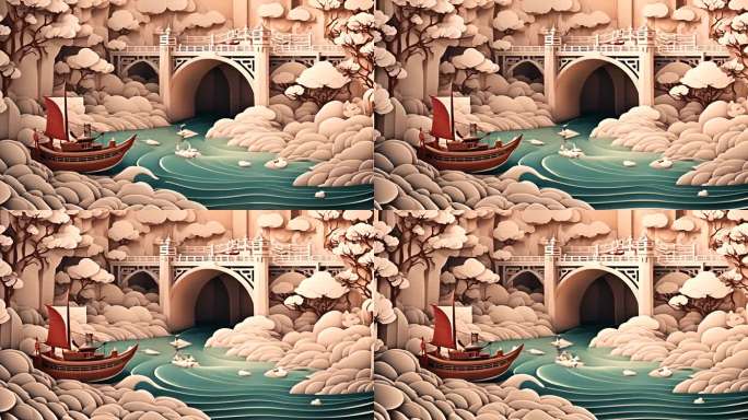 三色海上船只卡通动画