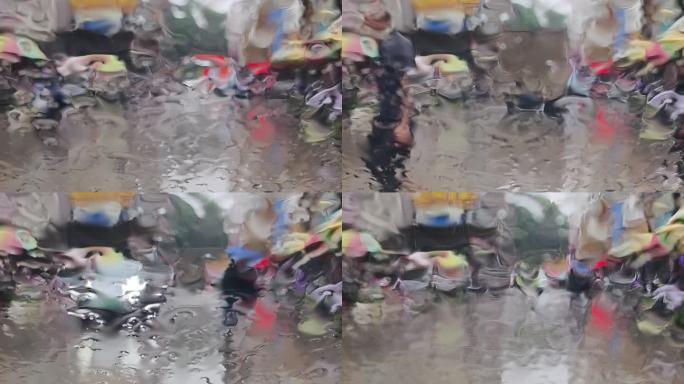 行驶街道雨景 雨天车窗外街景玻璃折射镜像