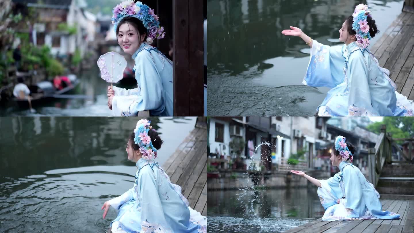 4K花朝节汉服簪花美女在城河边玩水