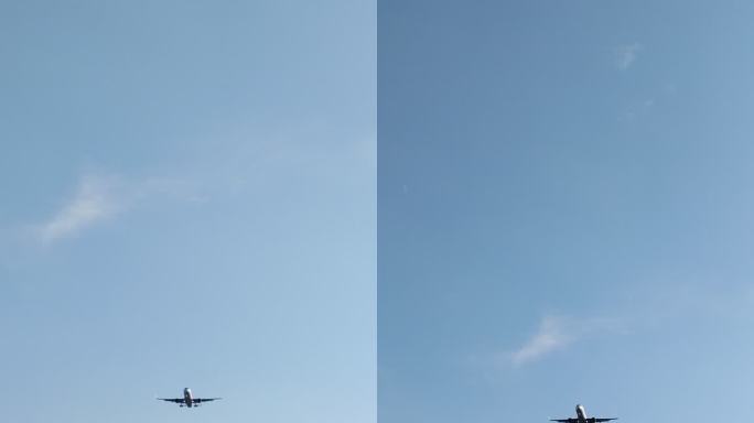 客机飞过蓝天白云与隐约可见的月牙