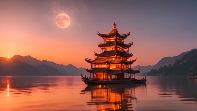 中式建筑湖中圆月视频