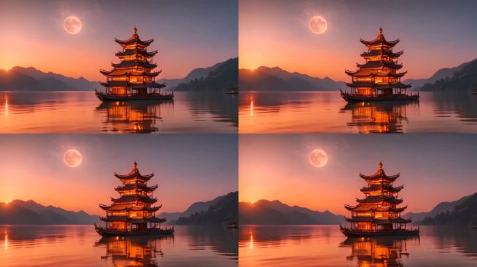 中式建筑湖中圆月视频