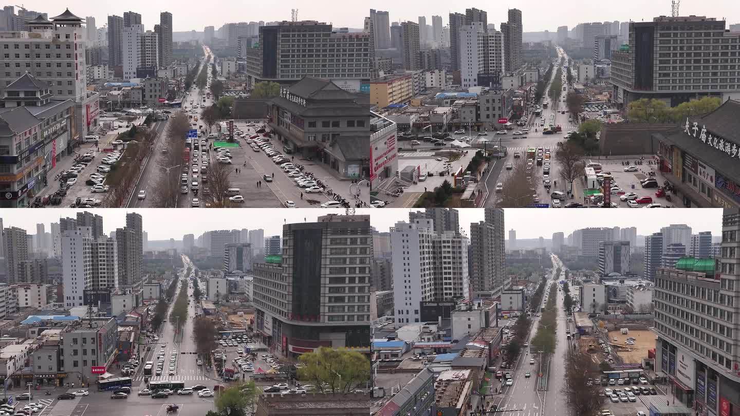 陕西榆林古城商业街城墙阴天航拍延时