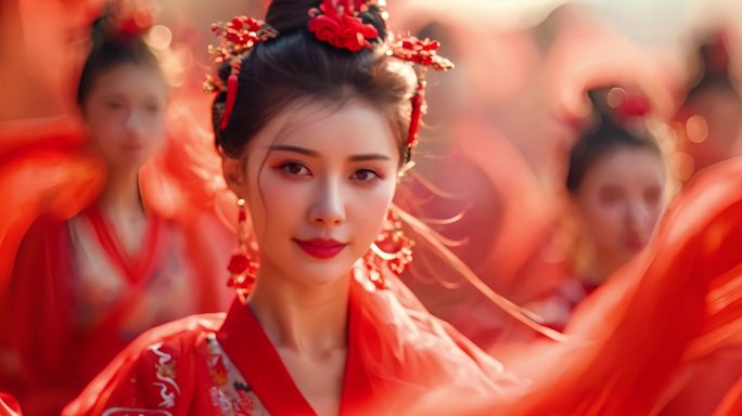 中国红 红绸丝绸 古韵东方人红色连衣裙