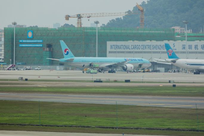 机场延时摄影飞机滑行大韩航空