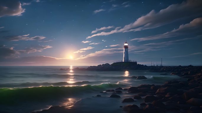 夜晚海边：月光海浪与灯塔