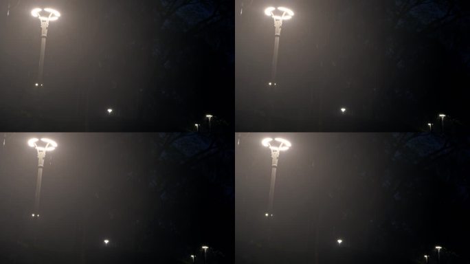 广州天河公园清明夜晚滂沱大雨路灯照亮路人