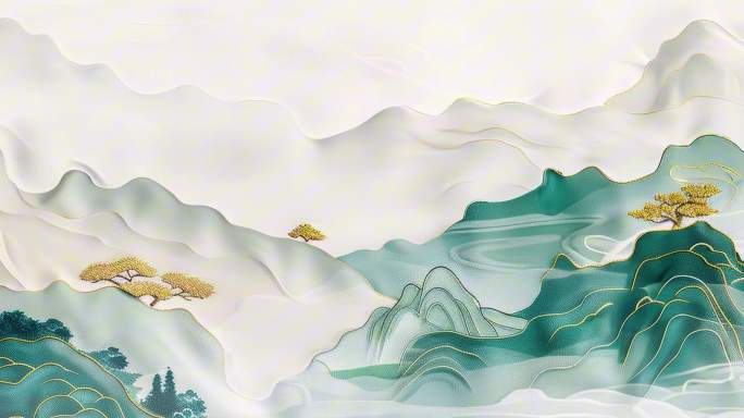 新国潮刺绣山水画，中式滚动背景大屏背景