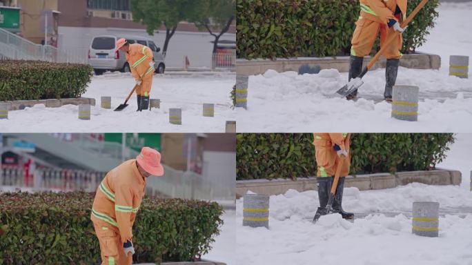 武汉大雪环卫工人铲雪城市街道雪景