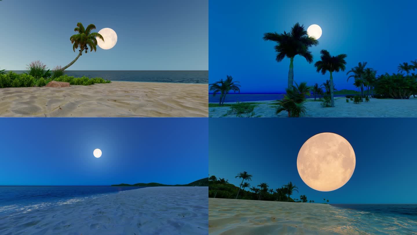 夜晚海边沙滩月亮升起