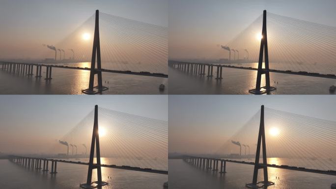苏通大桥日落斜拉桥航拍长焦镜头