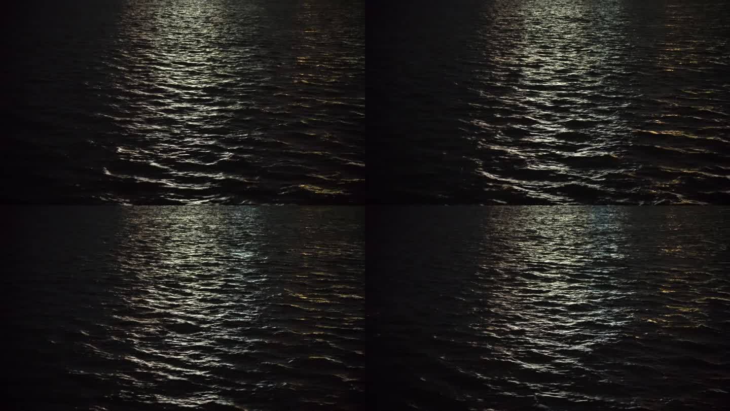 夜晚水面波光粼粼夜景海面月光湖面灯光水纹