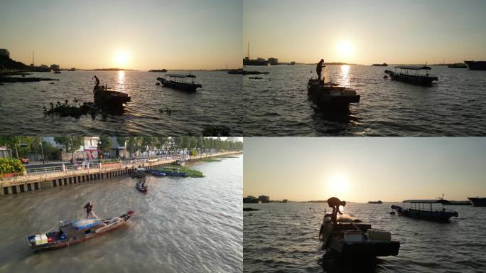湄公河渔民 湄公河入海口日出