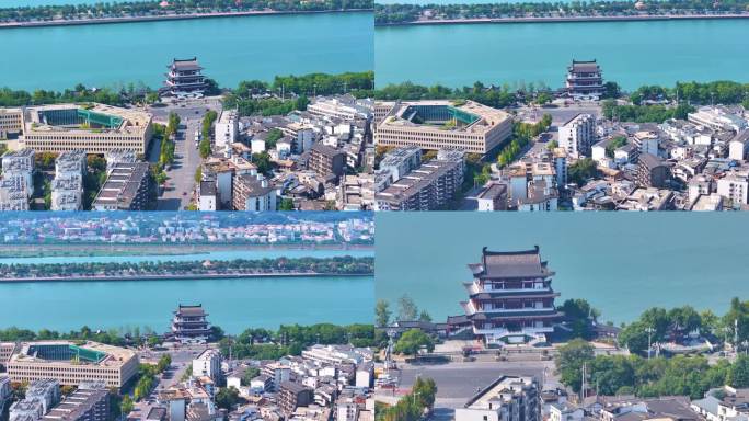 湖南长沙湘江杜甫江阁茶馆航拍城市地标风景