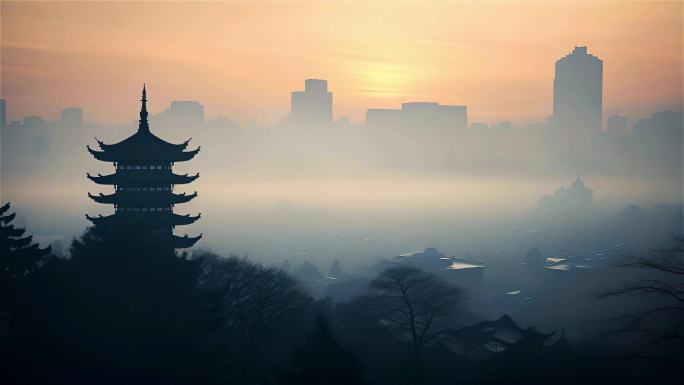 杭州航拍西湖清晨云雾景点风光雷峰塔荷花