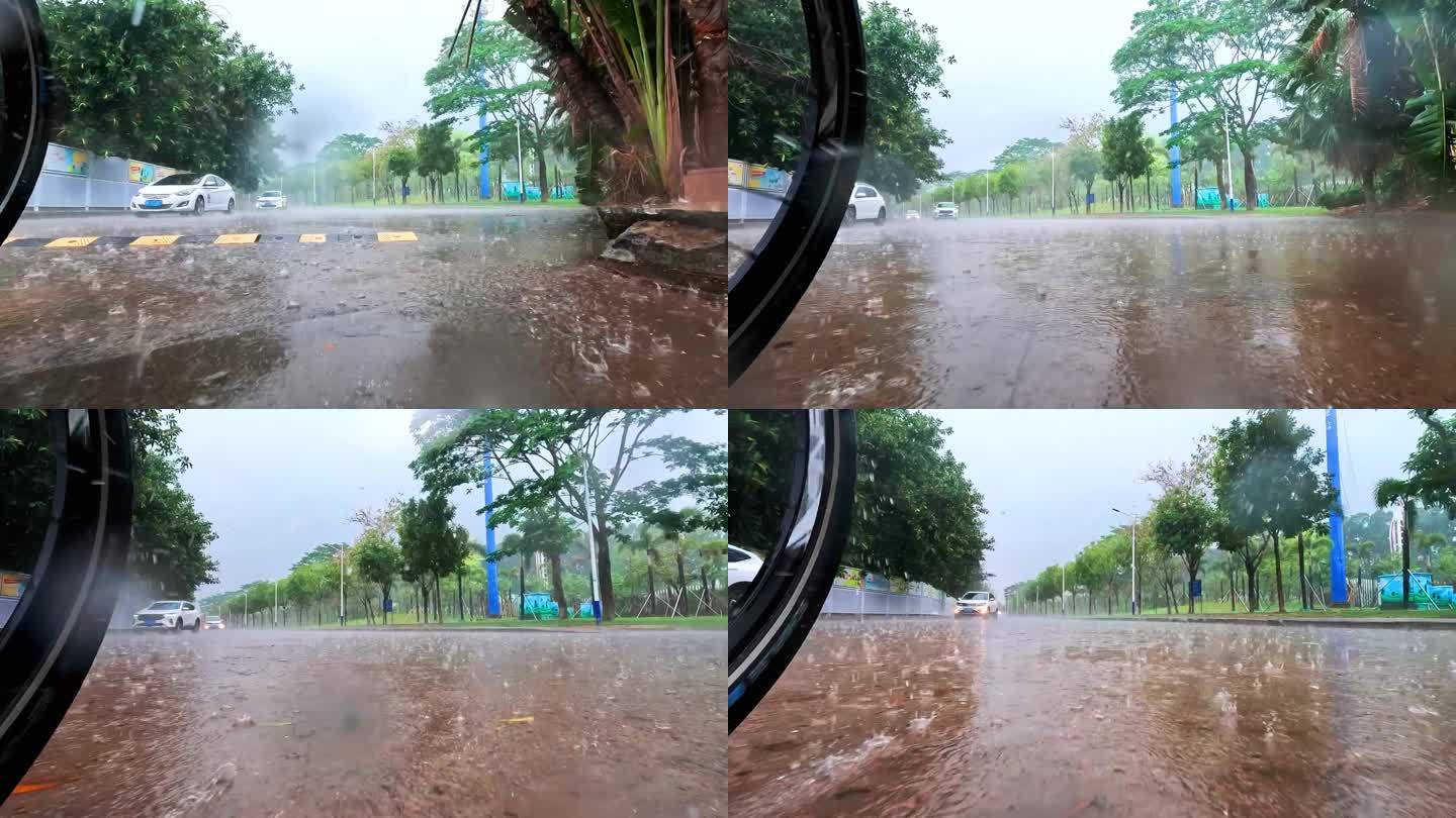 雨天里骑行特写