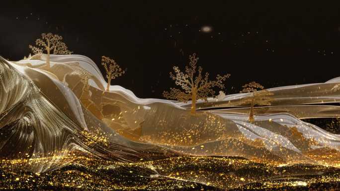 鎏金中国山水画古风背景金色丝绸之路舞台