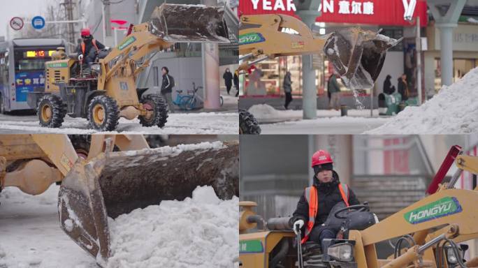 武汉冻雨大雪城市街道铲雪车铲雪推土机