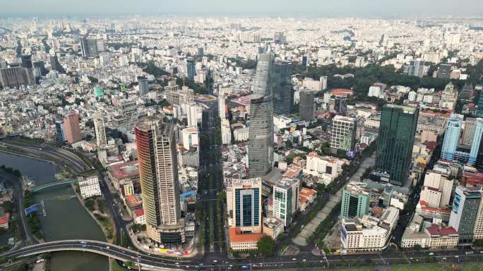 胡志明城市航拍西贡河城市群越南高楼大厦