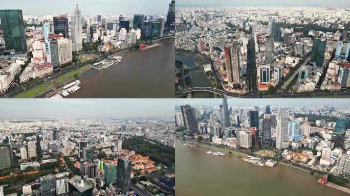 胡志明城市航拍西贡河城市群越南高楼大厦