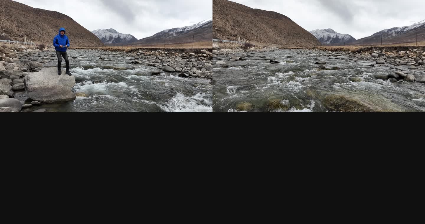 雪山下的河流河面和人物镜头