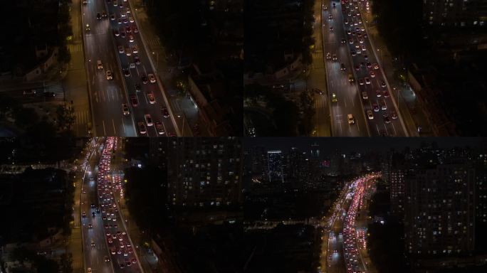 上海 航拍 堵车 夜晚 高架桥上