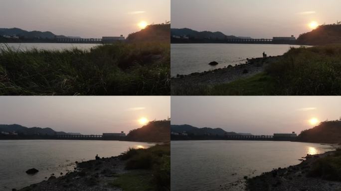 航拍横州郁江水坝西津发电站鸡儿滩日落夕阳