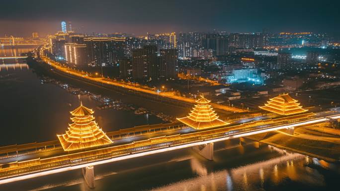 柳州凤凰岭大桥-侗族风雨桥夜景航拍延时