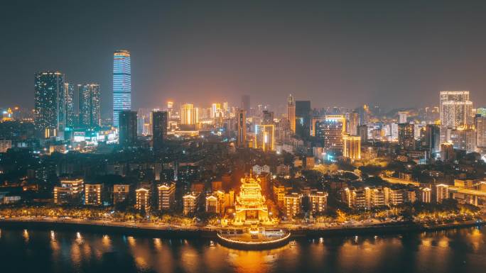 广西柳州西来寺与市中心夜景航拍延时