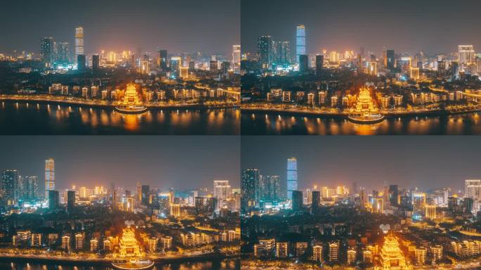 广西柳州西来寺与市中心夜景航拍延时