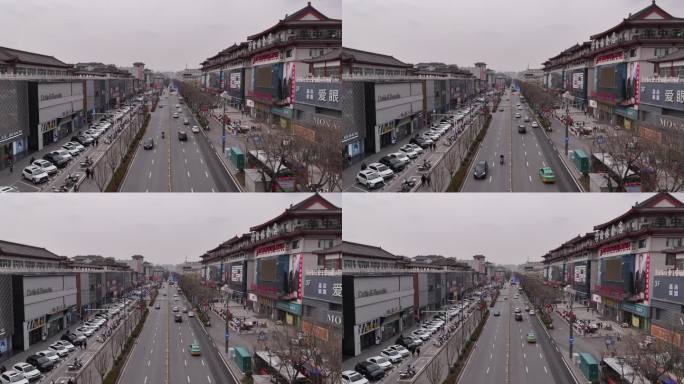 陕西榆林古城商业街城墙阴天航拍延时