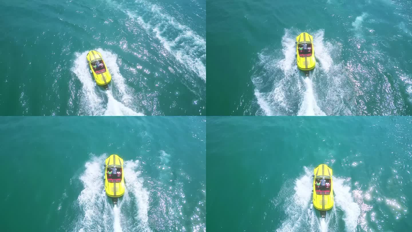 海南三亚高视角航拍水上：空中飞人、摩托艇
