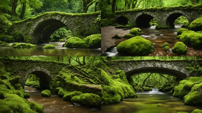绿意盎然：植物掩映下的石桥与小溪