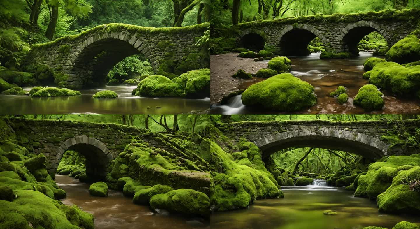 绿意盎然：植物掩映下的石桥与小溪