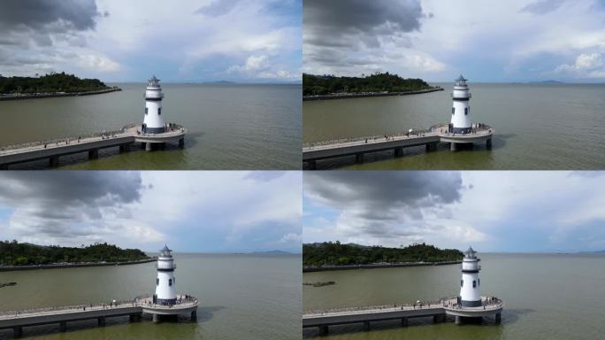 航拍珠海旅游海边地标建筑爱情灯塔