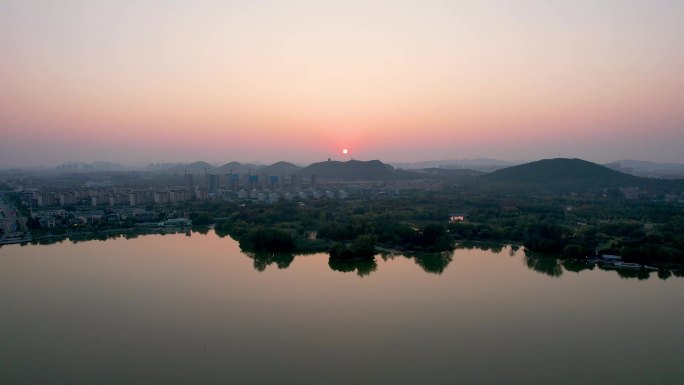 徐州城市风光大龙湖日落夕阳秋季风景航拍