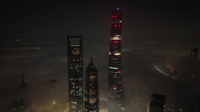 上海陆家嘴云海平流雾夜景航拍
