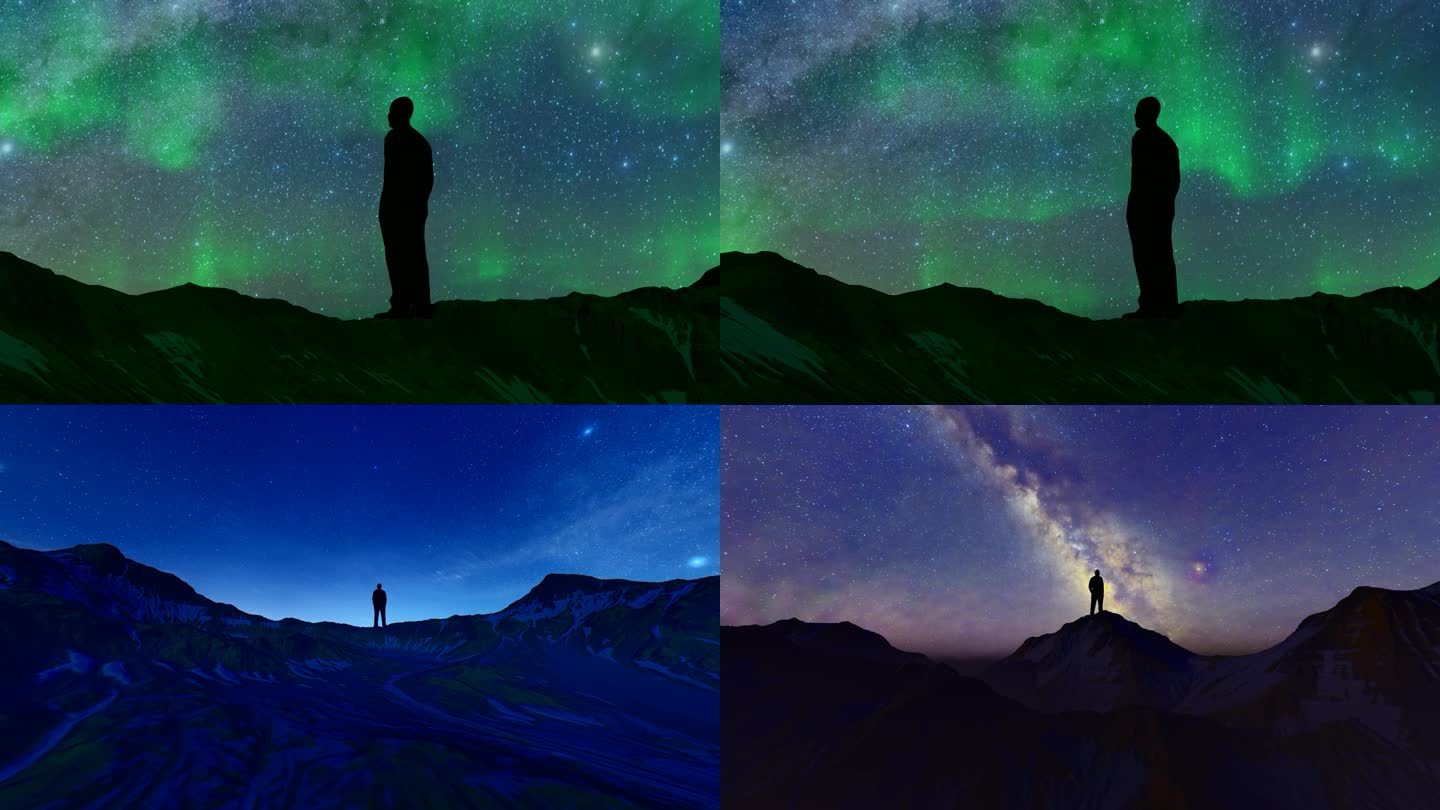 晚上站在雪山顶仰望星空思考的人物剪影