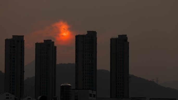 城市夕阳  晚霞日落延时 天黑