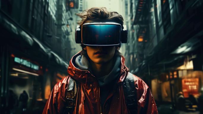 科技概念朋克风戴着VR眼镜男人在未来街道