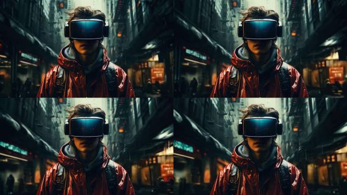 科技概念朋克风戴着VR眼镜男人在未来街道