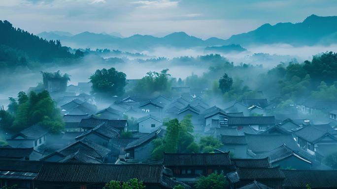 江南乡村雨后场景