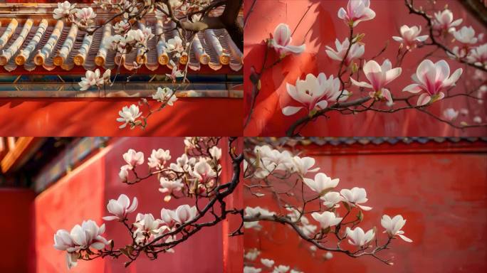 故宫紫禁城唯美大气玉兰花朵在春天盛开飘落