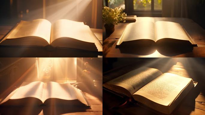 书香阳光：阳光透过窗户照射翻开书籍上