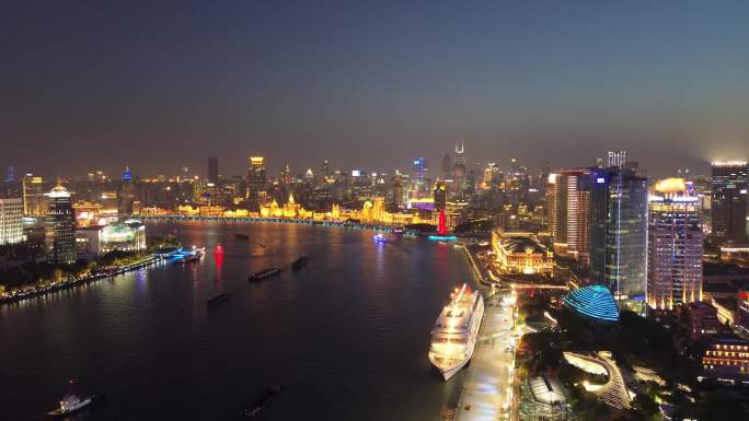上海外滩及陆家嘴建筑夜景航拍风光