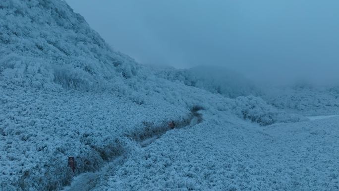 实拍雪景，农人背着竹篓在雪山中行走