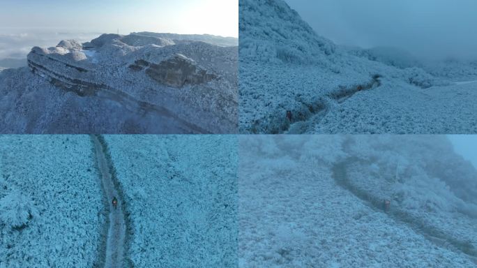 实拍雪景，农人背着竹篓在雪山中行走