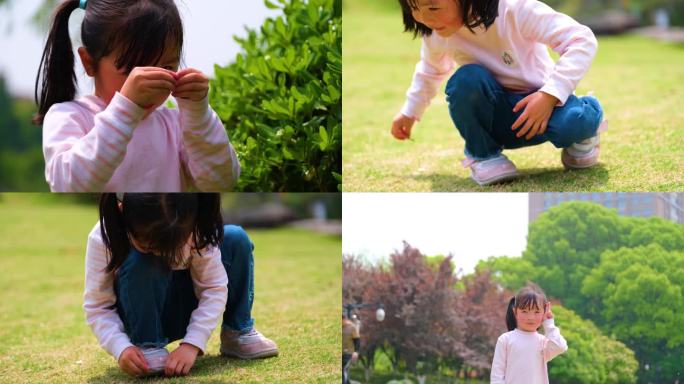 公园小孩子小女孩女童儿童打手势游玩踏青亲