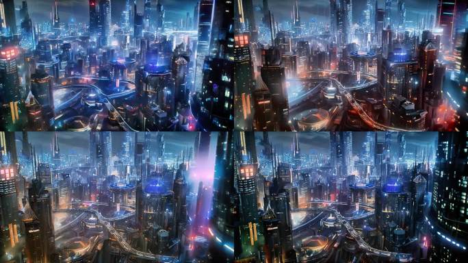 虚拟现实城市霓虹闪烁科技繁华不夜城场景