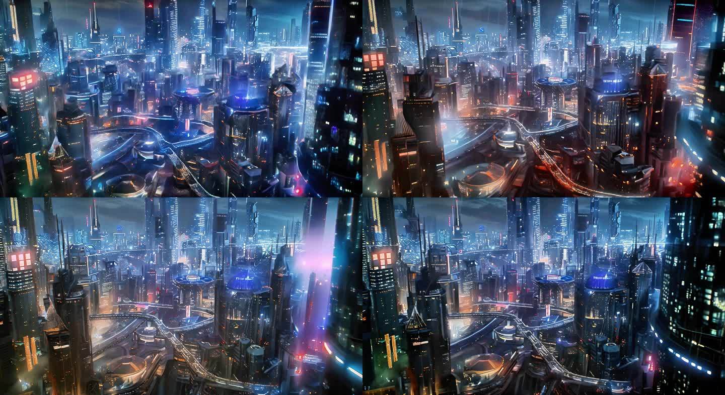 虚拟现实城市霓虹闪烁科技繁华不夜城场景